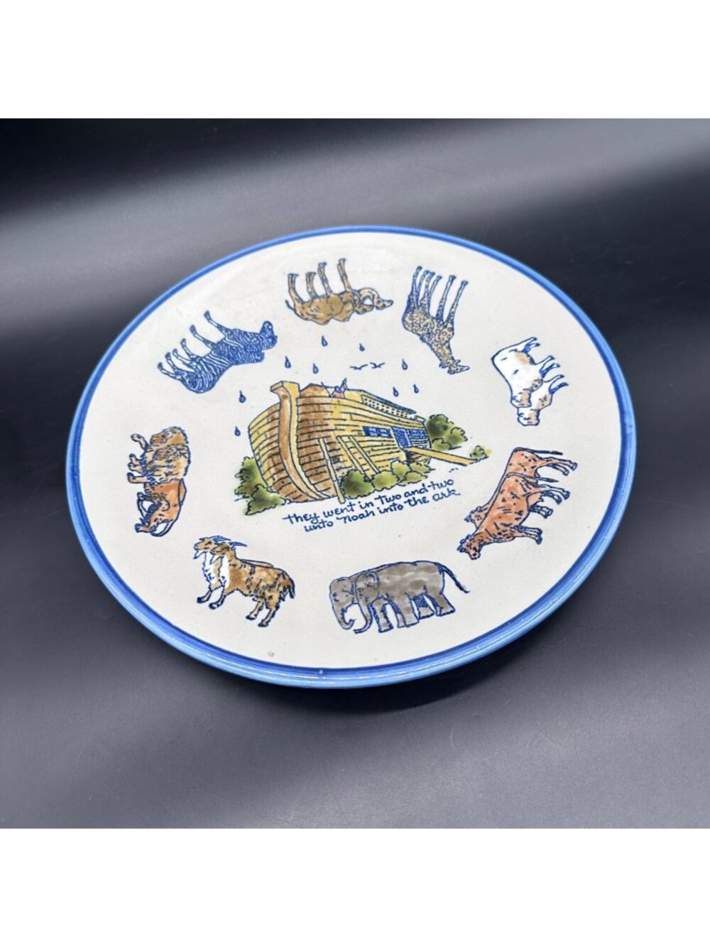 Vintage Louisville Stoneware Noahs Ark Plate Animals Blue Pottery Kentucky USA